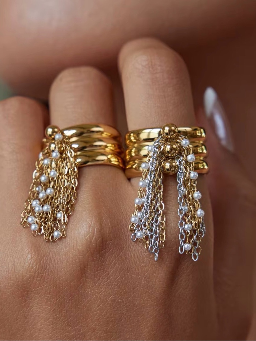 Three-layer Steel Beads Shell Beads Chain Tassel Open Rings - Picture 5 of 5